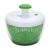 Farberware front view of spinner showing clear bowl and green lid for easy serving