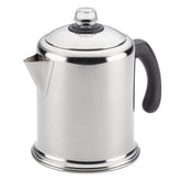 Farberware Yosemite front view showing polished stainless and classic silhouette for durable brewing