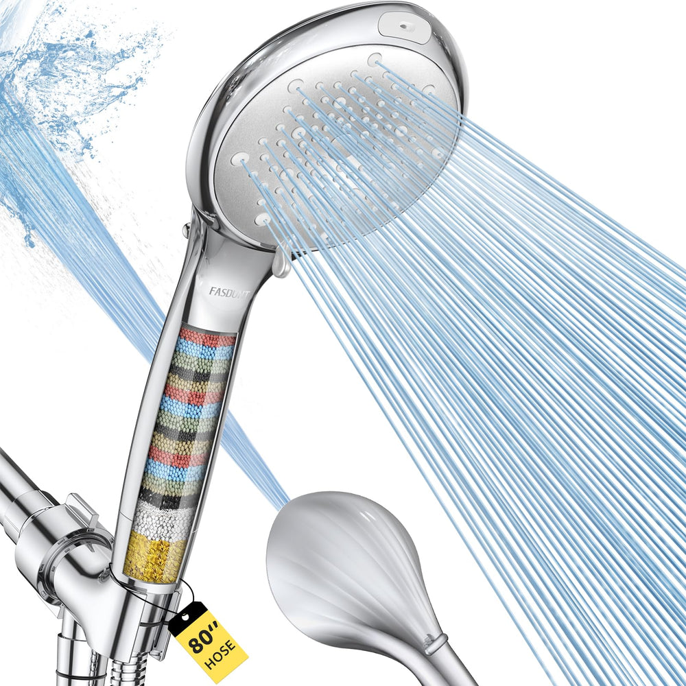 FASDUNT chrome front view showing dual shower panel and handheld, enhances bathroom aesthetics