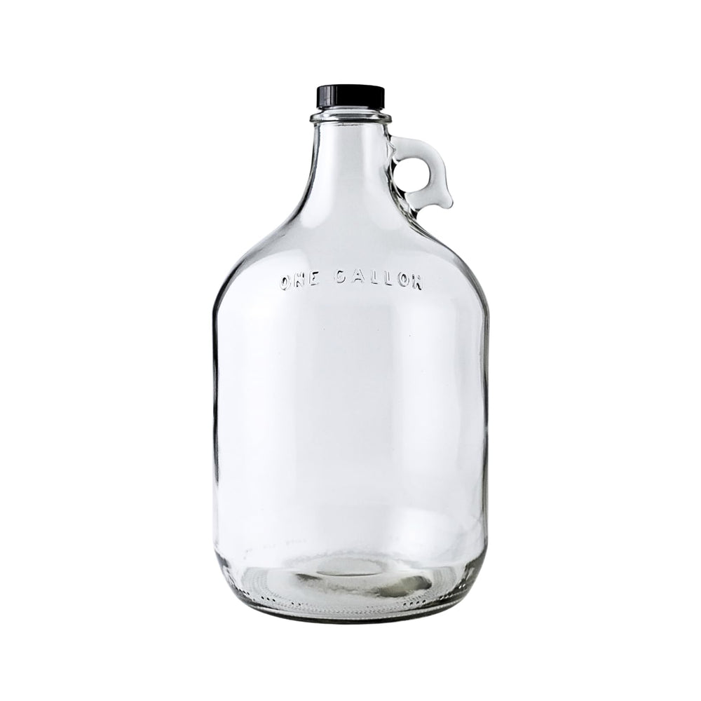 FastRack front view of 1 gallon clear glass jug showing capacity and label and convenient storage