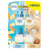Febreze four-pack front packaging showing refills and benefits