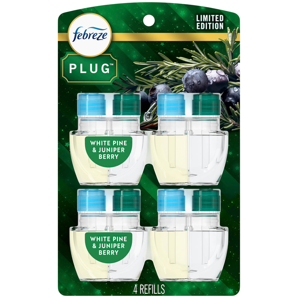 Febreze White Pine & Juniper Berry refill pack front showing scent and count benefit