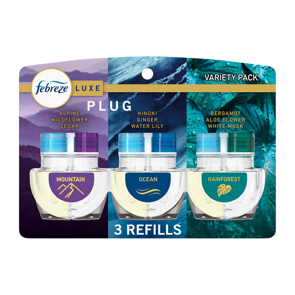 Febreze front packaging showing three scented oil refills and packaging benefit