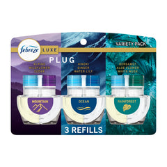 Febreze front packaging showing three scented oil refills and packaging benefit