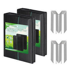 FEED GARDEN front packaging showing two folded 4x50ft sections and stakes for fast setup