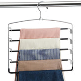 FeeraHozer front view of three black multi-layer hangers showing compact storage benefit