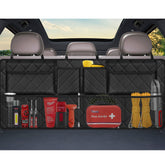 Femuar front view of hanging trunk organizer showing roomy storage and neat look