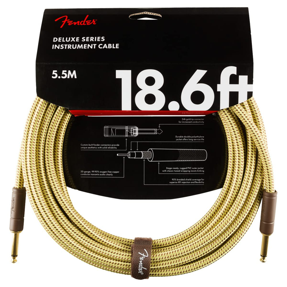 Fender tweed cable coiled showing full length and durable jacket, for reliable stage use