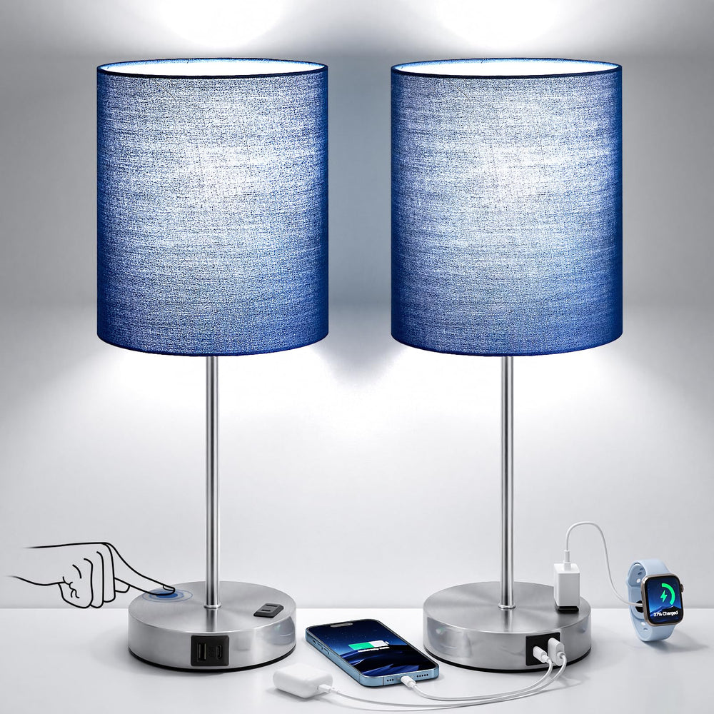 Fenmzee front view pair showing navy lamps and balanced room lighting benefit