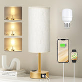 Fenmzee gold bedside lamp front view showing shade and warm glow for cozy lighting