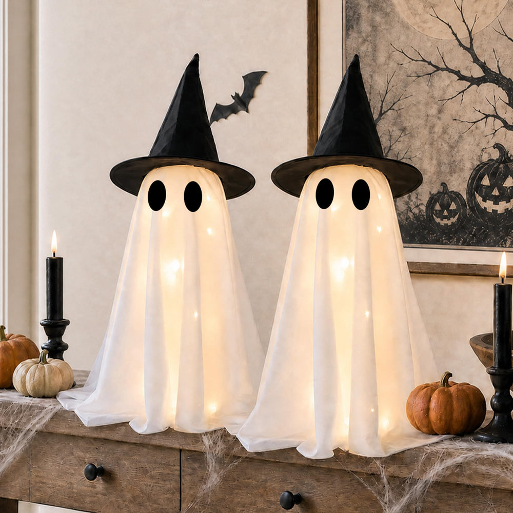 FestalMart front view of two light-up ghosts showing festive presence and warm glow