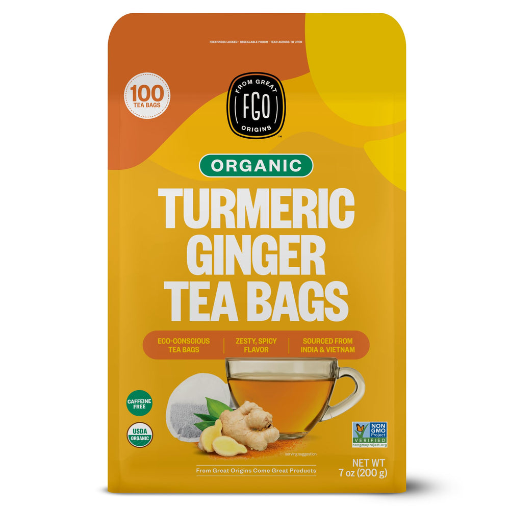 FGO front packaging showing organic turmeric ginger tea, clear labeling benefit