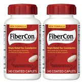 FiberCon front packaging showing 140 coated caplets and pack of two benefits