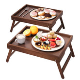 Fibogollo front view of bamboo bed tray showing stable serving surface and warm finish benefit