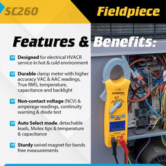 Fieldpiece SC260 clamp closeup highlighting compact jaw for tight HVACR spaces