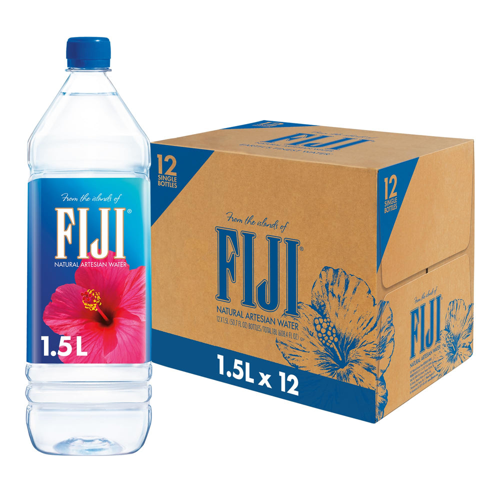 FIJI front pack shot of 12×1.5L bottles showing convenience and premium presentation