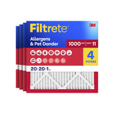 Filtrete front packaging showing 20x20x1 four-pack and benefits