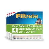Filtrete front packaging showing 20x20x1 4-pack highlighting convenience and longevity