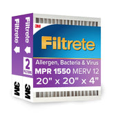 Filtrete front packaging showing 20x20x4 two-pack and benefits
