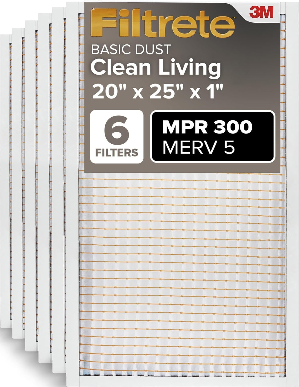 Filtrete front packaging showing 20x25x1 six-pack and benefits