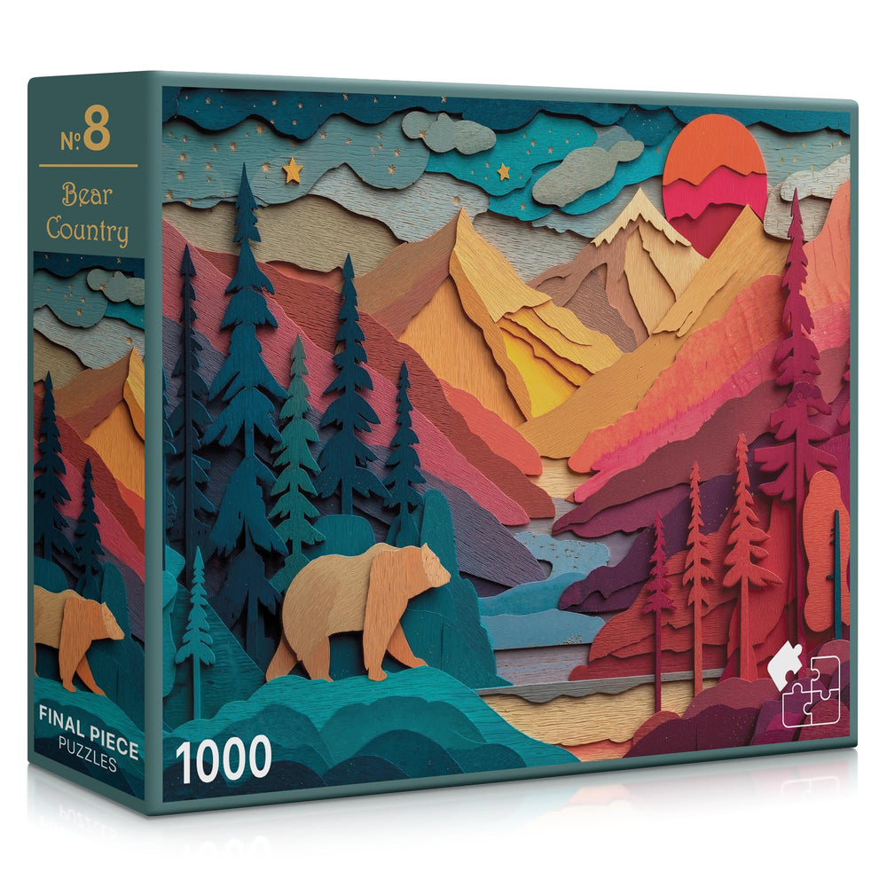 Final Piece box front showing Bear Country art and elegant packaging benefit: gift-ready presentation