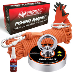 FINDMAG front packaging showing complete 500 lbs magnet kit and accessories for quick setup
