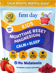FIRST DAY front packaging showing calm magnesium gummies and benefits