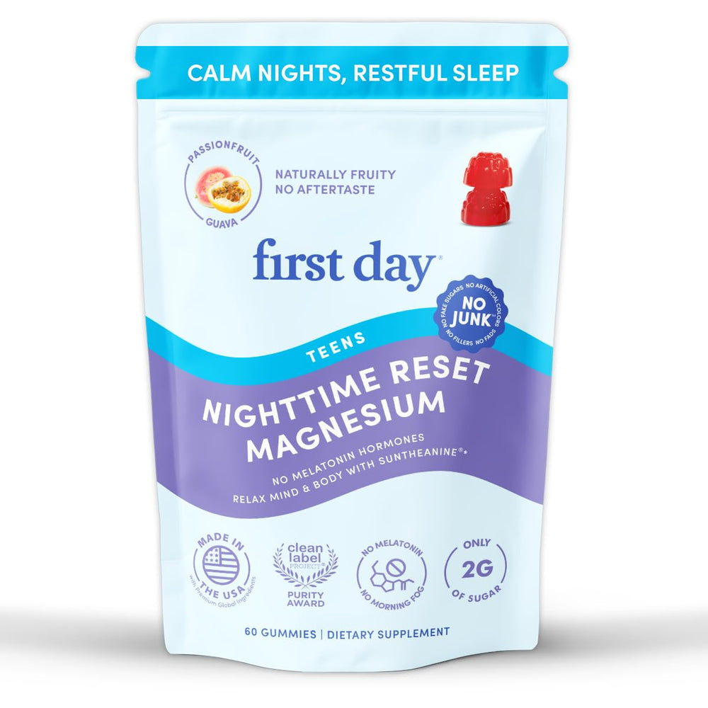 FIRST DAY front packaging showing 60-count gummies and calming branding