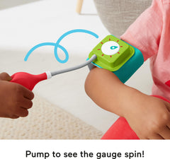 Fisher-Price blood pressure cuff with pump demonstrating spinning gauge for tactile play