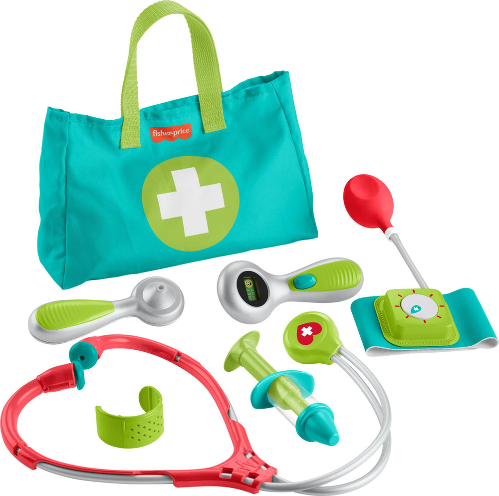Fisher-Price front view of doctor bag showing all seven pieces and easy storage benefit
