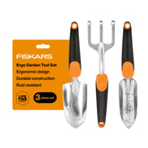 Fiskars front view of three-piece set showing durable heads and ergonomic handles for comfort