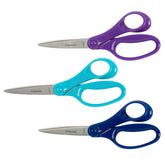 Fiskars student scissors front view showing three colorful handles and blades benefit durability