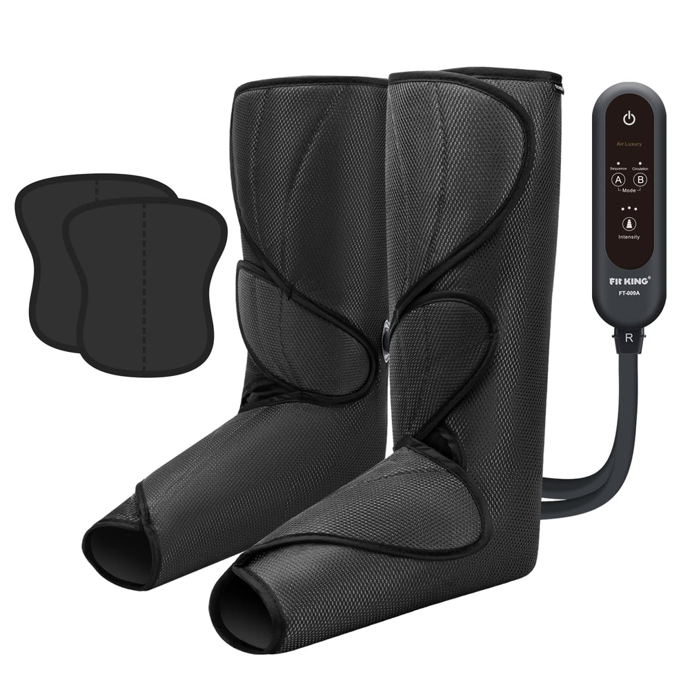 FIT KING front view of leg massager wrap showing full coverage and adjustable straps for comfort