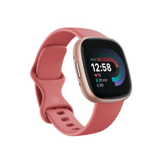 Fitbit Versa 4 front view in Pink Sand showing clear display and quick benefits
