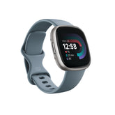 Fitbit Versa 4 front view Waterfall Blue showing clear display and durability
