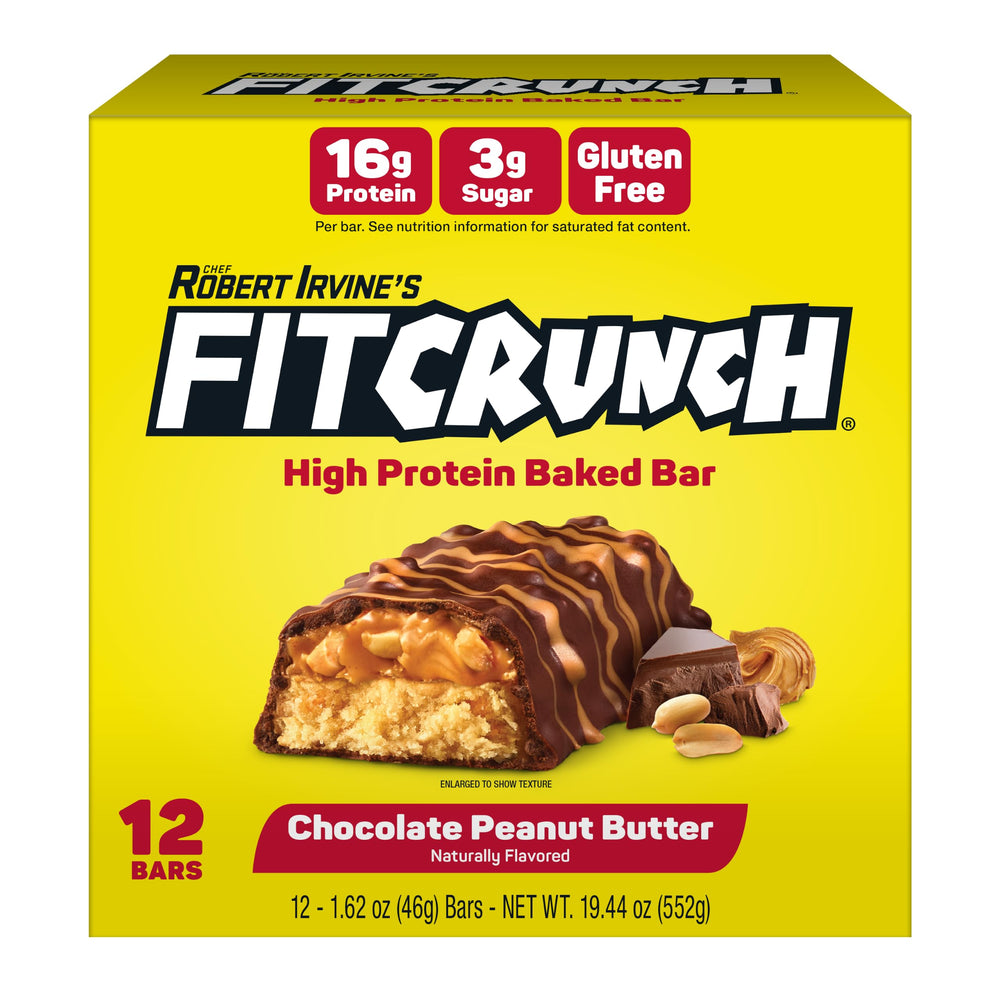 FitCrunch front packaging showing chocolate peanut butter flavor and benefits