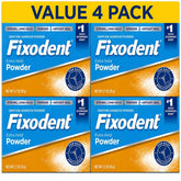 Fixodent front packaging showing product and pack of four for dependable supply