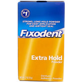 Fixodent front packaging showing three bottles and product benefits for secure fit