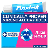 Fixodent front tube showing brand and clear packaging benefit