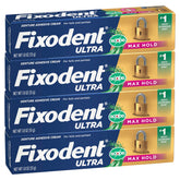 Fixodent front packaging showing 4 tubes and product benefits