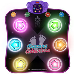 Flooyes front view of light-up dance mat showing arrows and buttons, promotes active play
