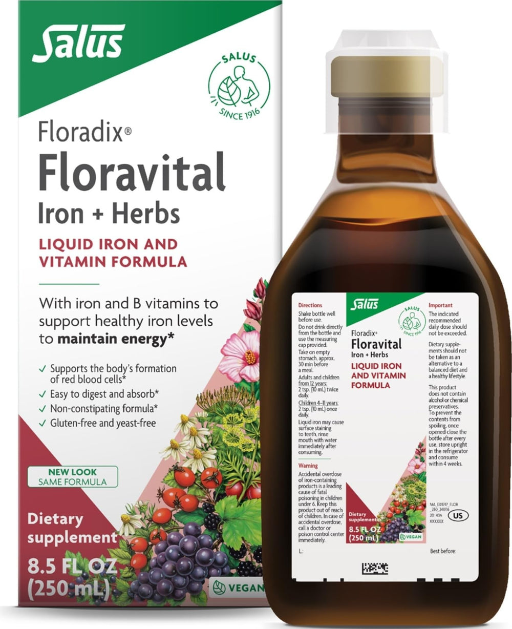 Floradix bottle front showing brand and easy-to-take liquid benefit