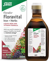 Floradix bottle front showing brand and easy-to-take liquid benefit