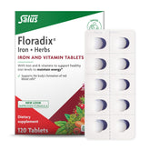 Floradix front packaging showing 120 tablets and clear product benefits