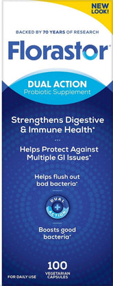 Florastor front bottle view showing brand and capsule count, supports gut balance