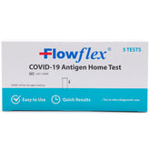 FLOWFLEX front packaging showing five-test kit and benefits
