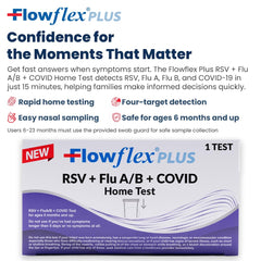 FLOWFLEX open kit with swab, reagent vial, and test cassette for quick use