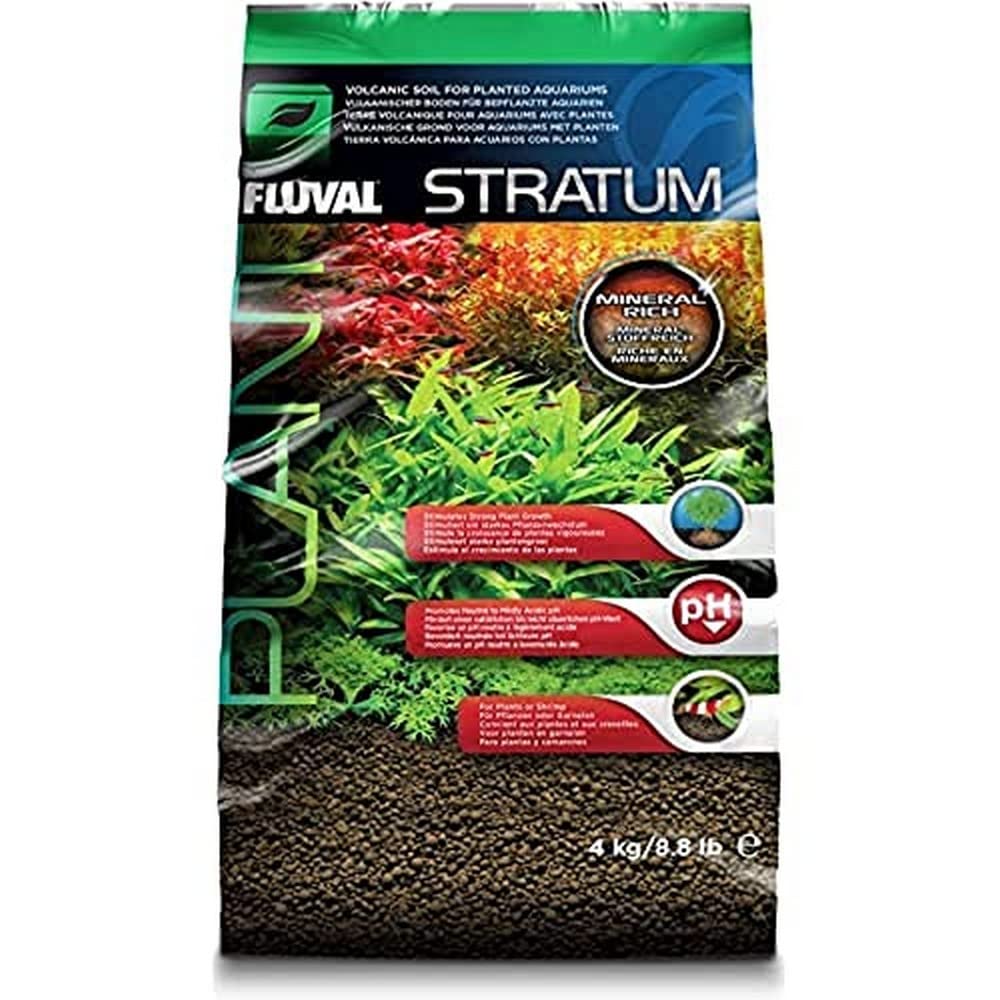 Fluval Stratum front packaging showing brand and 8.8 lb weight benefit of easy plant setup