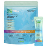 FlyWell front packet showing brand and travel-ready single-serve benefit