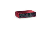 Focusrite Scarlett 2i2 front panel showing knobs and indicators for intuitive control
